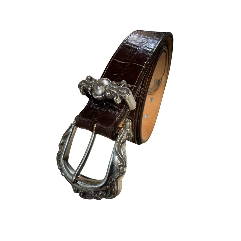Brighton Western Leather Belt Brown Croc Embossed Silver Concho Filigree 36 VTG